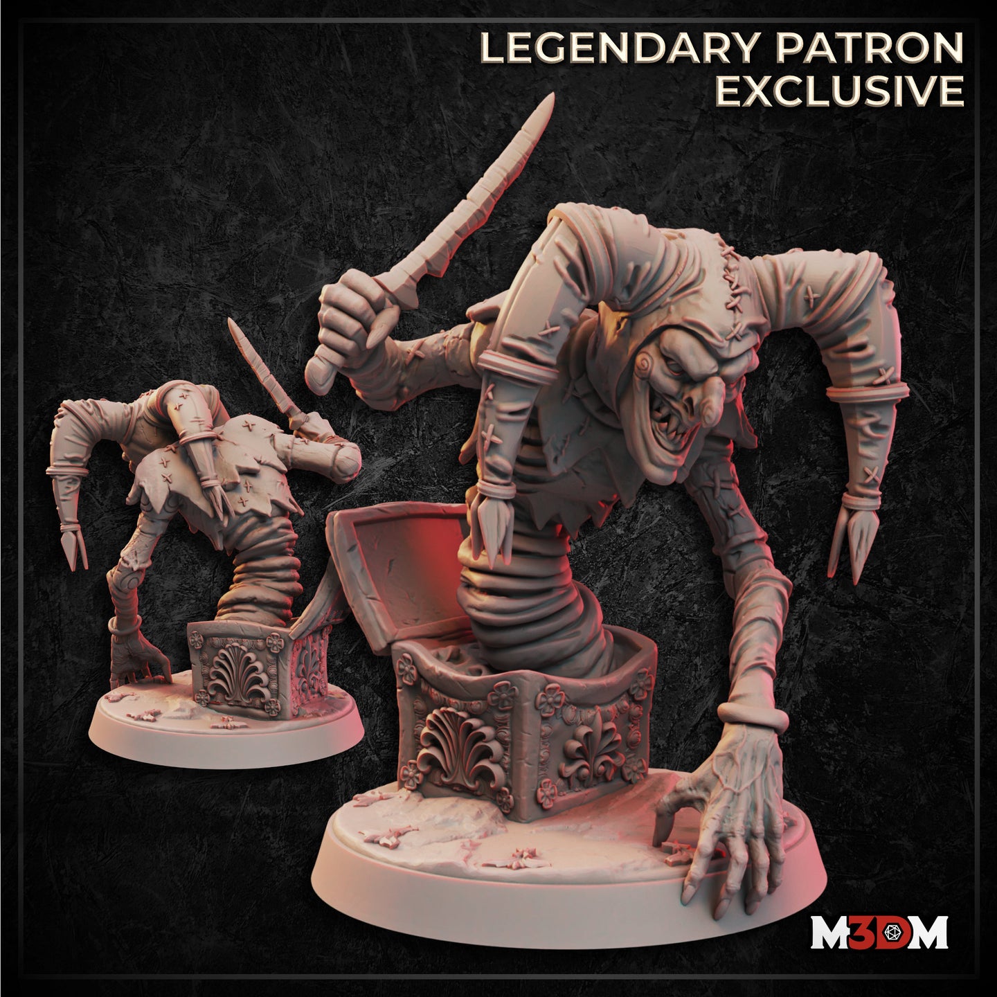 Digital render of the Evil Jack-in-the-Box miniature by M3DM showing two unpainted resin sculpts: a large display version with a scenic base featuring the creature fully emerged from an ornate carved box, elongated torso coiled, dagger raised in one hand and the other clawed hand splayed wide on the base; and a smaller tabletop-scale variant in the background showing the same creature mid-burst. Both feature jester-style stitched clothing and grotesque grinning expressions.