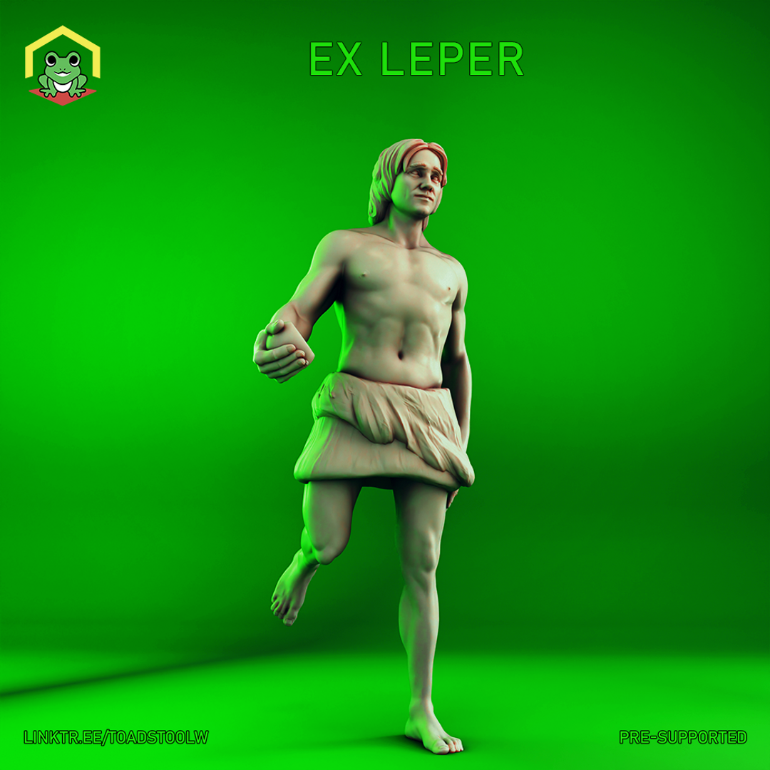 Digital render of the Ex Leper miniature by The Toadstool Weaver — an unprimed barefoot male human figure mid-stride, bare-chested with a rough cloth wrap, one knee raised and one fist raised as if in argument, with shoulder-length hair and an expressive, aggrieved expression. 32mm scale tabletop miniature.