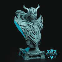 Digital render of Lilith's Executioner bust by Witchsong Miniatures — an unpainted grey resin display bust showing a horned, masked warlord in jagged angular plate armour with a billowing cloak, a bearded face partially visible beneath the helm, and a detailed sculpted stone plinth base