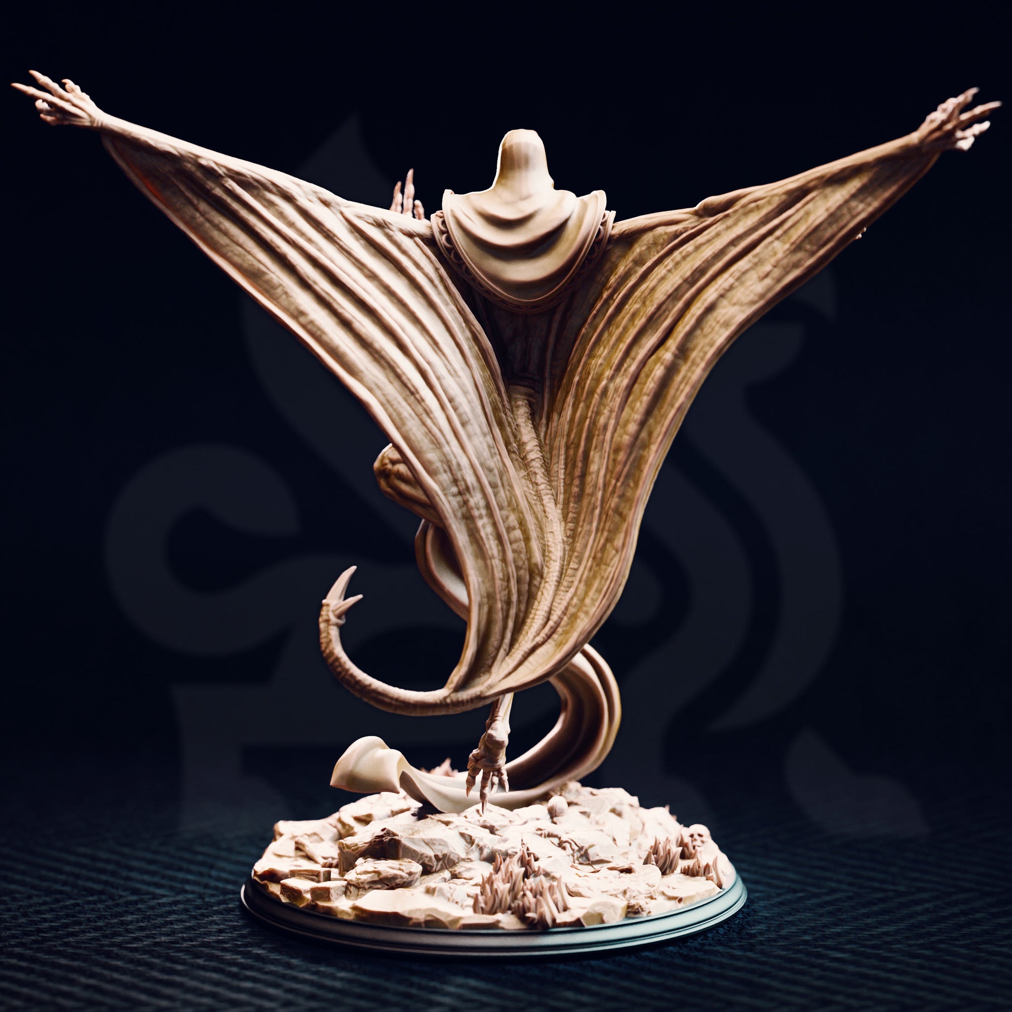 Unpainted resin miniature of Exelian the Forbidden viewed from the rear — showing the sweeping membrane wing detail with deep ribbed striations, serpentine coiled lower body with a barbed tail, talon foot, and the full extent of the scenic rubble base