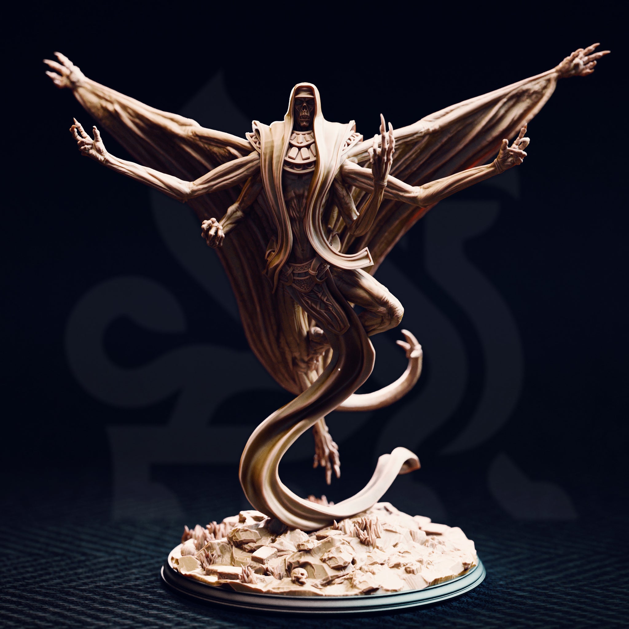 Unpainted resin miniature of Exelian the Forbidden viewed from the front — multi-armed undead horror with spread wings formed from membrane and sinew, coiled serpentine tail base, clawed hands raised, and a hooded skull-faced head, mounted on a rubble and skull-strewn scenic base