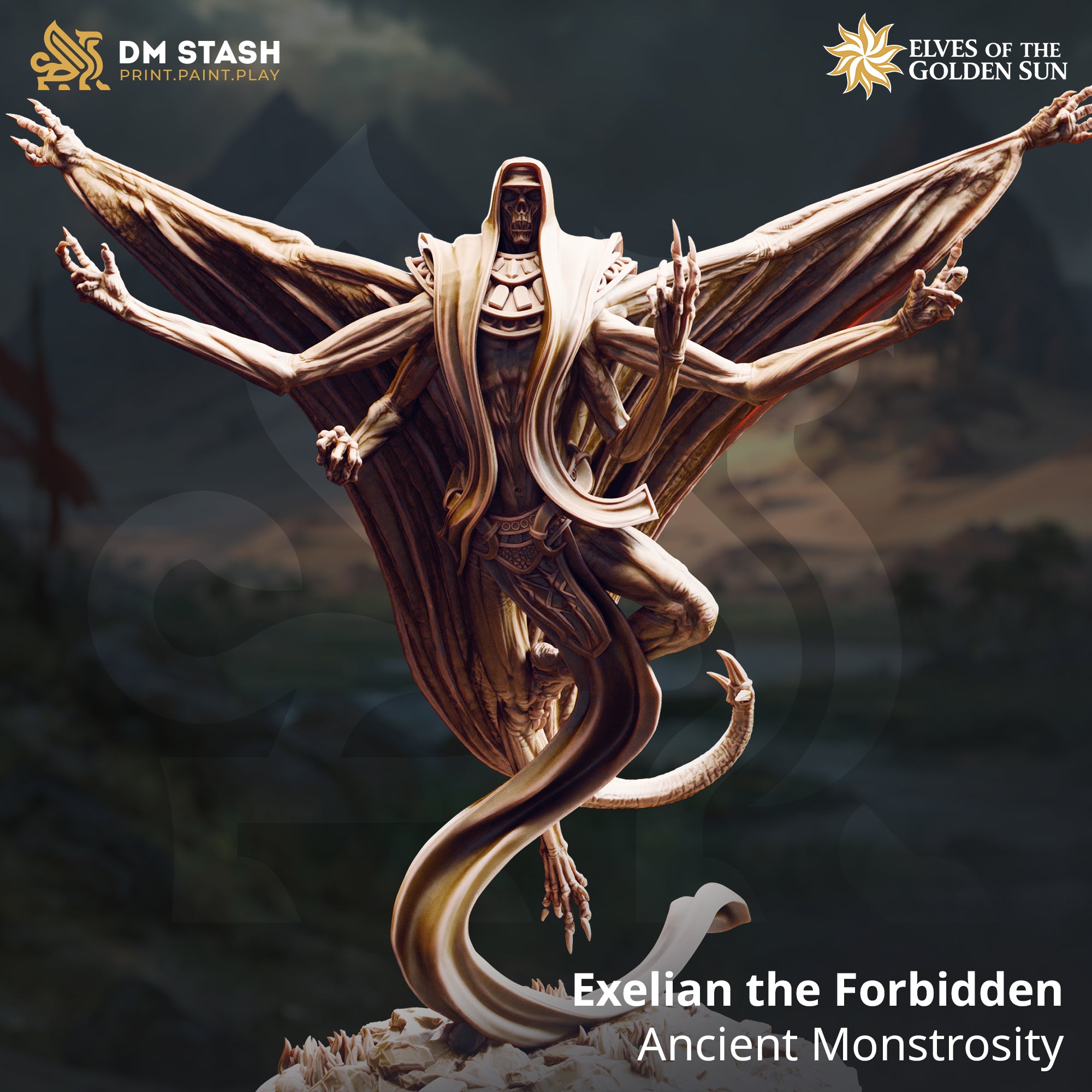 Digital render of Exelian the Forbidden, an ancient undead monstrosity miniature from DM Stash's Elves of the Golden Sun range — six-armed winged creature with serpentine lower body, hooded skull face, spread membrane wings, and armoured torso, shown against a dramatic stormy sky backdrop