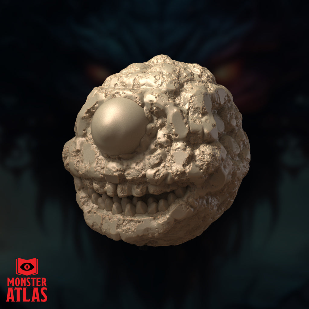 Front-facing digital render of the Eye Monger miniature — a rough-textured spherical aberration with a single large bulging eye and a wide row of jagged teeth along its lower face, shown in unpainted sandy resin tone against a dark background