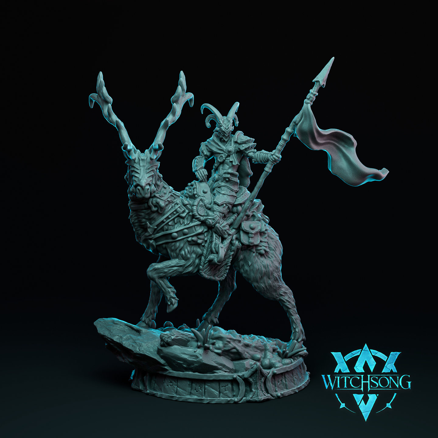 Digital render of the Lord of the Grove Lieutenant 01 miniature by Witchsong Miniatures — a horned, armoured fey rider mounted on a rearing wolf-like beast with antlers, carrying a war banner on a detailed bone-strewn base, shown in grey resin at 32mm scale