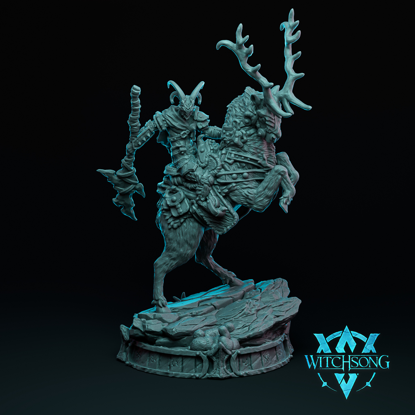 Digital render of the Lord of the Grove Lieutenant 02 miniature by Witchsong Miniatures — an armoured fey warrior wearing a horned helm and carrying a jagged runic axe, riding a rearing antlered beast with clawed forefeet. The mount bears heavy barding decorated with skulls and organic detailing. Large branching antlers crown the creature. Both figures stand atop a circular stone base etched with runic markings. The miniature is shown unpainted in a cyan-tinted grey resin colour against a dark background.