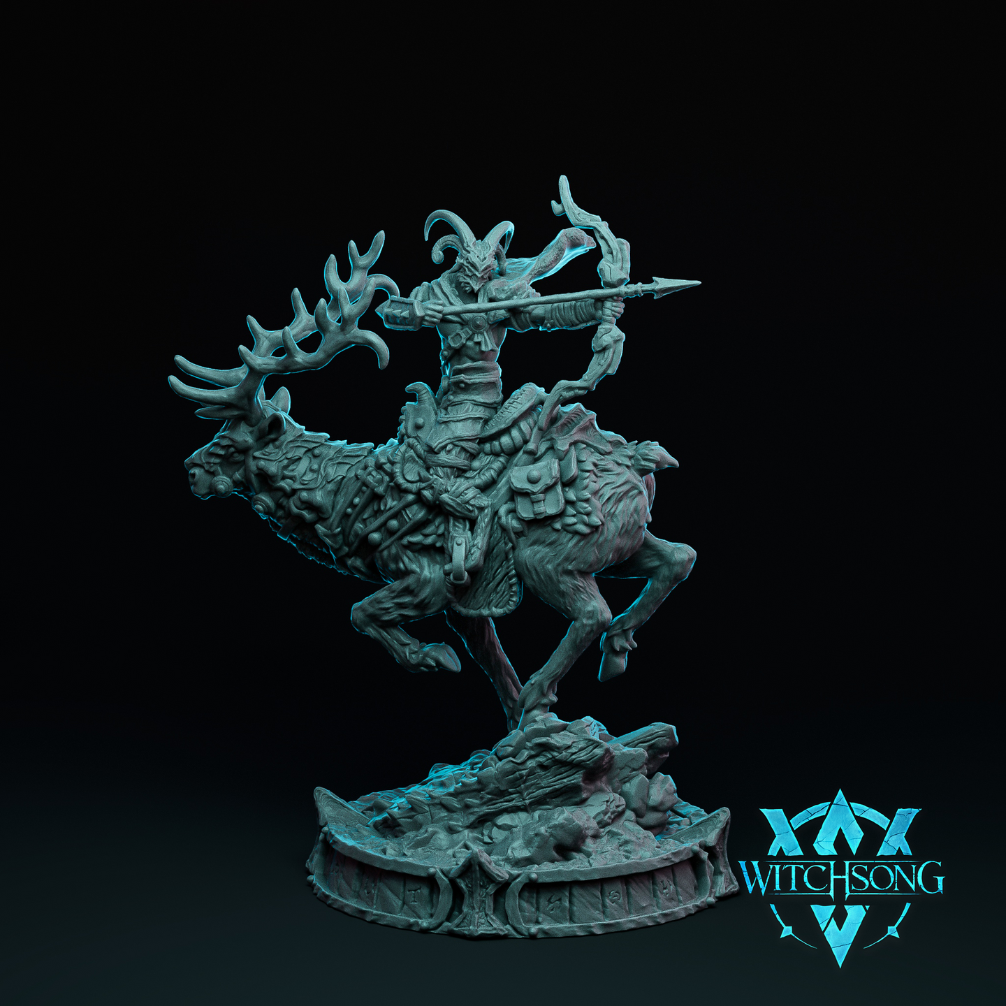 Digital render of Lord of the Grove Lieutenant 03 — a horned fey archer in bone and bark armour, bow drawn, mounted on a rearing spectral stag with skeletal legs and decorated tack, on a scenic base with skulls and woodland debris. Unpainted grey resin render by Witchsong Miniatures.