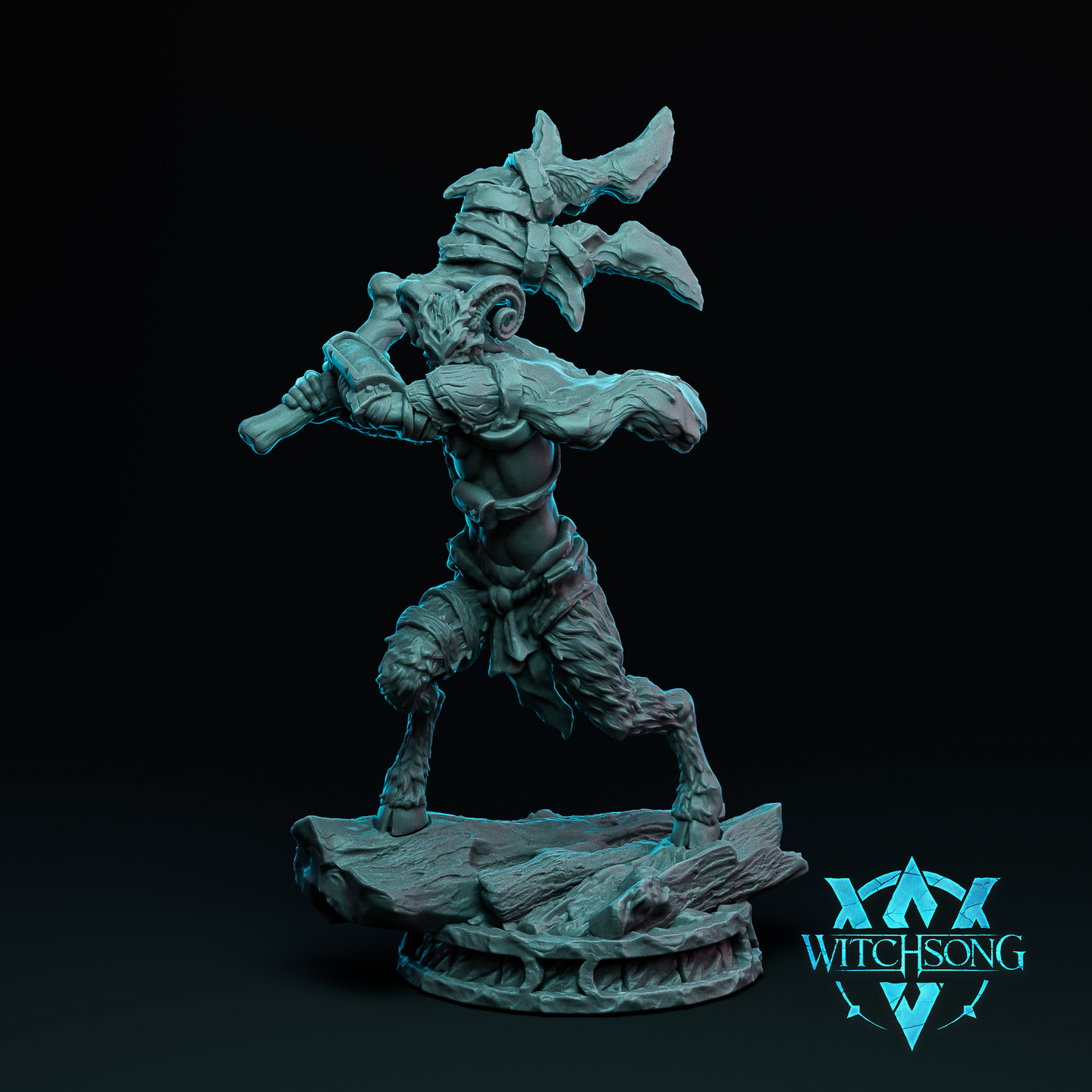 Digital render of Lord of the Grove Soldier 01 by Witchsong Miniatures — an unpainted grey fey warrior in mid-charge pose, wielding a two-handed war hammer, wearing feathered armour with large bladed wing-like protrusions on the back and shoulders, with a ram-horned animalistic face, clawed feet, and tattered wrappings, mounted on a jagged rocky base