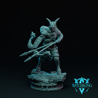 Digital render of Lord of the Grove Soldier 02 by Witchsong Miniatures — an unpainted grey resin miniature of a horned fey warrior in a wide-legged aggressive stance, holding twin spears diagonally across the body, one clawed hand raised mid-gesture, wearing layered leather armour with bestial legs and twisted spiral horns, mounted on a cracked stone scenic base
