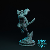Digital render of Lord of the Grove Soldier 03 by Witchsong Miniatures — an unpainted grey resin-style fey warrior with curled ram horns, bark-textured organic armour, and elongated limbs, posed mid-leap off a jagged rocky base with one leg raised and a curved blade extended outward, a billowing cloak trailing behind, 32mm tabletop scale