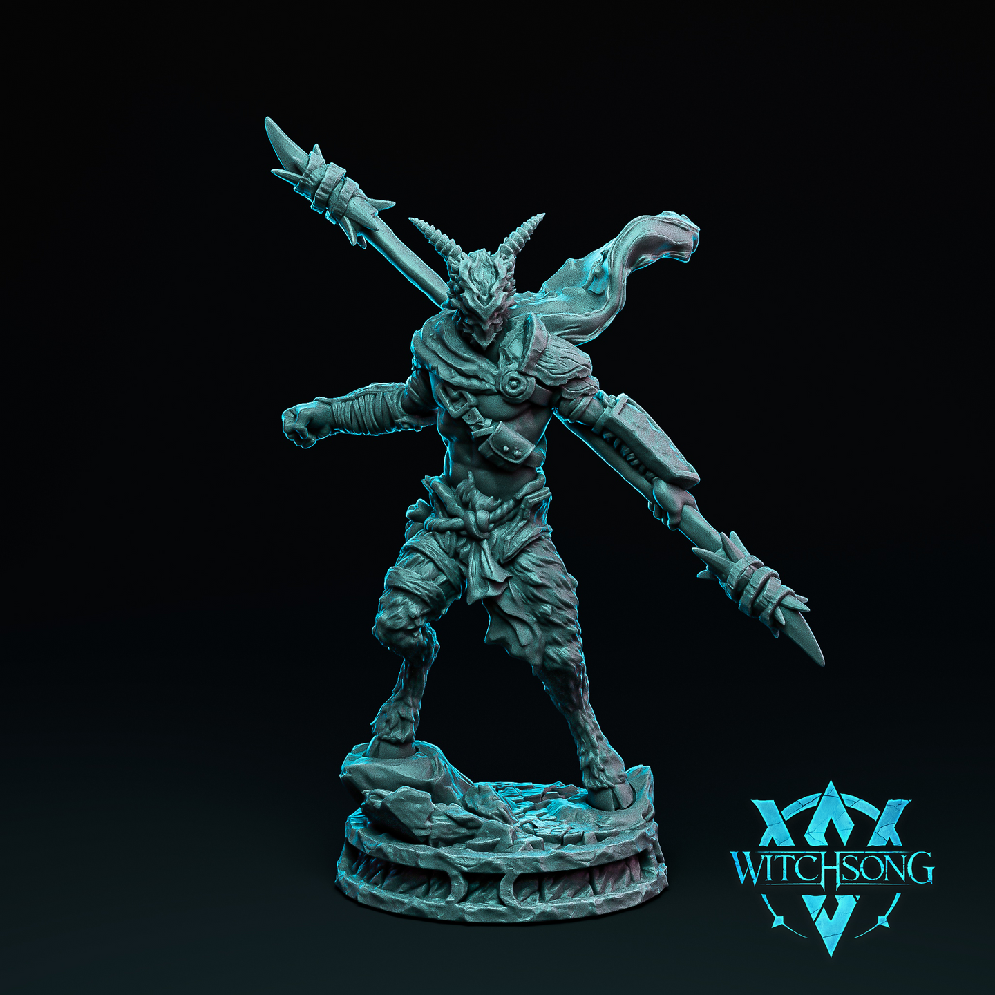 Digital render of the Lord of the Grove Soldier 04 miniature by Witchsong Miniatures — an unpainted grey resin-style fey warrior with curved horns, reptilian features, and a billowing cloak, posed in a wide aggressive stance holding a double-ended barbed spear diagonally across his body, on a detailed rocky scenic base