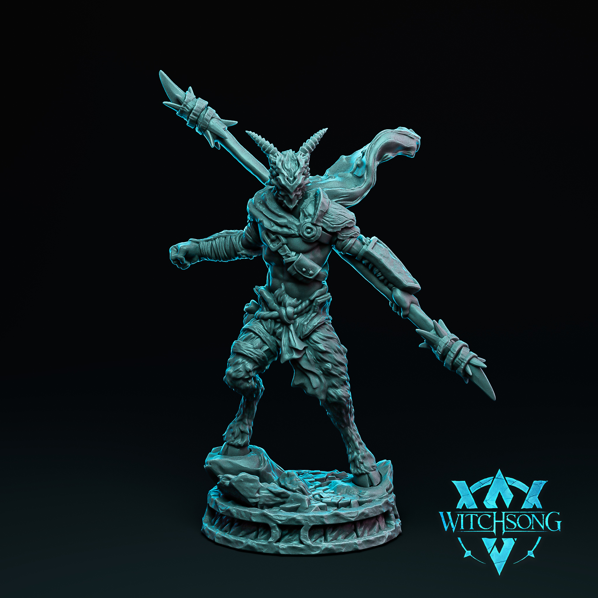 Digital render of the Lord of the Grove Soldier 04 miniature by Witchsong Miniatures — an unpainted grey resin-style fey warrior with curved horns, reptilian features, and a billowing cloak, posed in a wide aggressive stance holding a double-ended barbed spear diagonally across his body, on a detailed rocky scenic base