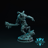 Digital render of the Lord of the Grove Soldier 05 miniature by Witchsong Miniatures — an unpainted grey resin fey warrior with curved horns, bark-textured hide, strapped armour, and a wrapped club, posed mid-lunge with one foot raised on a broken log, clawed hand raised, on a scenic rubble and fallen log base