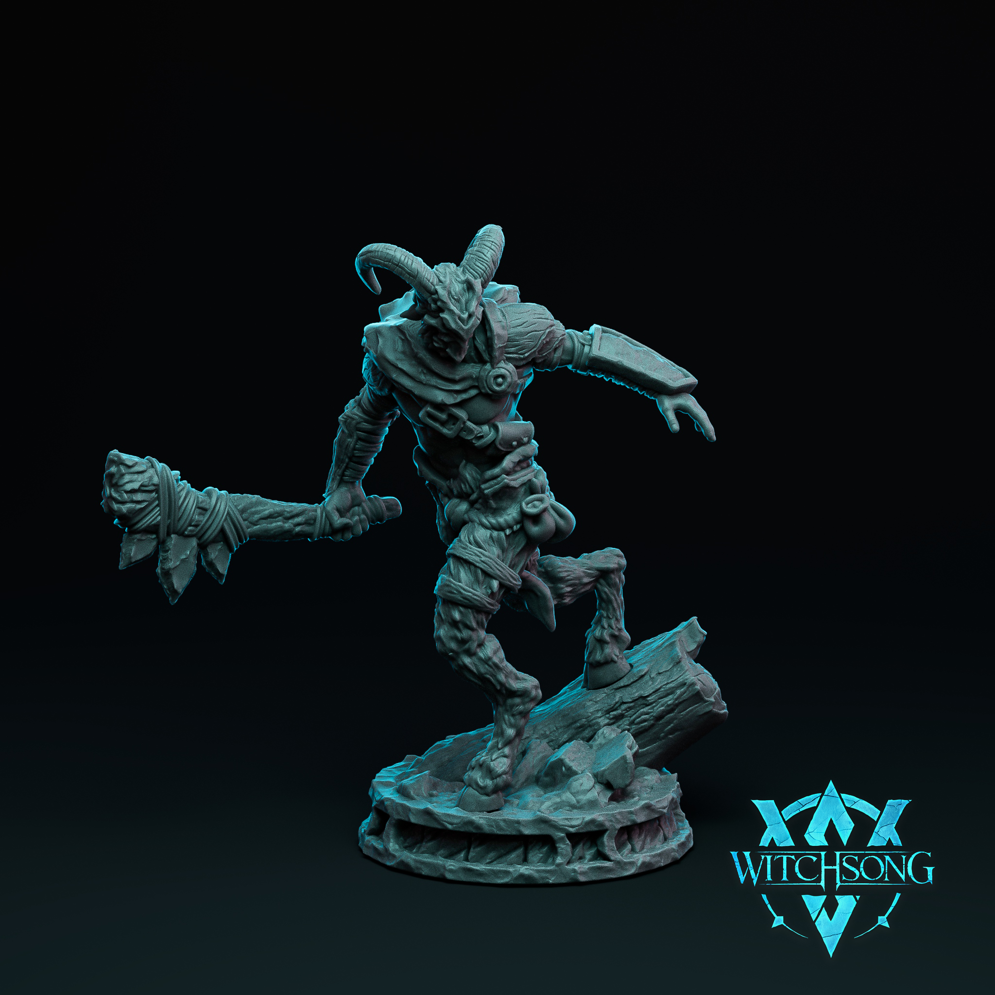 Digital render of the Lord of the Grove Soldier 05 miniature by Witchsong Miniatures — an unpainted grey resin fey warrior with curved horns, bark-textured hide, strapped armour, and a wrapped club, posed mid-lunge with one foot raised on a broken log, clawed hand raised, on a scenic rubble and fallen log base
