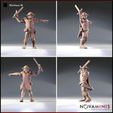 Four-angle turnaround render of Watchman 08 by Novaminis — bearded male city watchman in leather armour and kettle hat, shown front, side, rear, and three-quarter views, sword raised and arm pointing, padlock on belt, unpainted resin miniature at 32mm scale