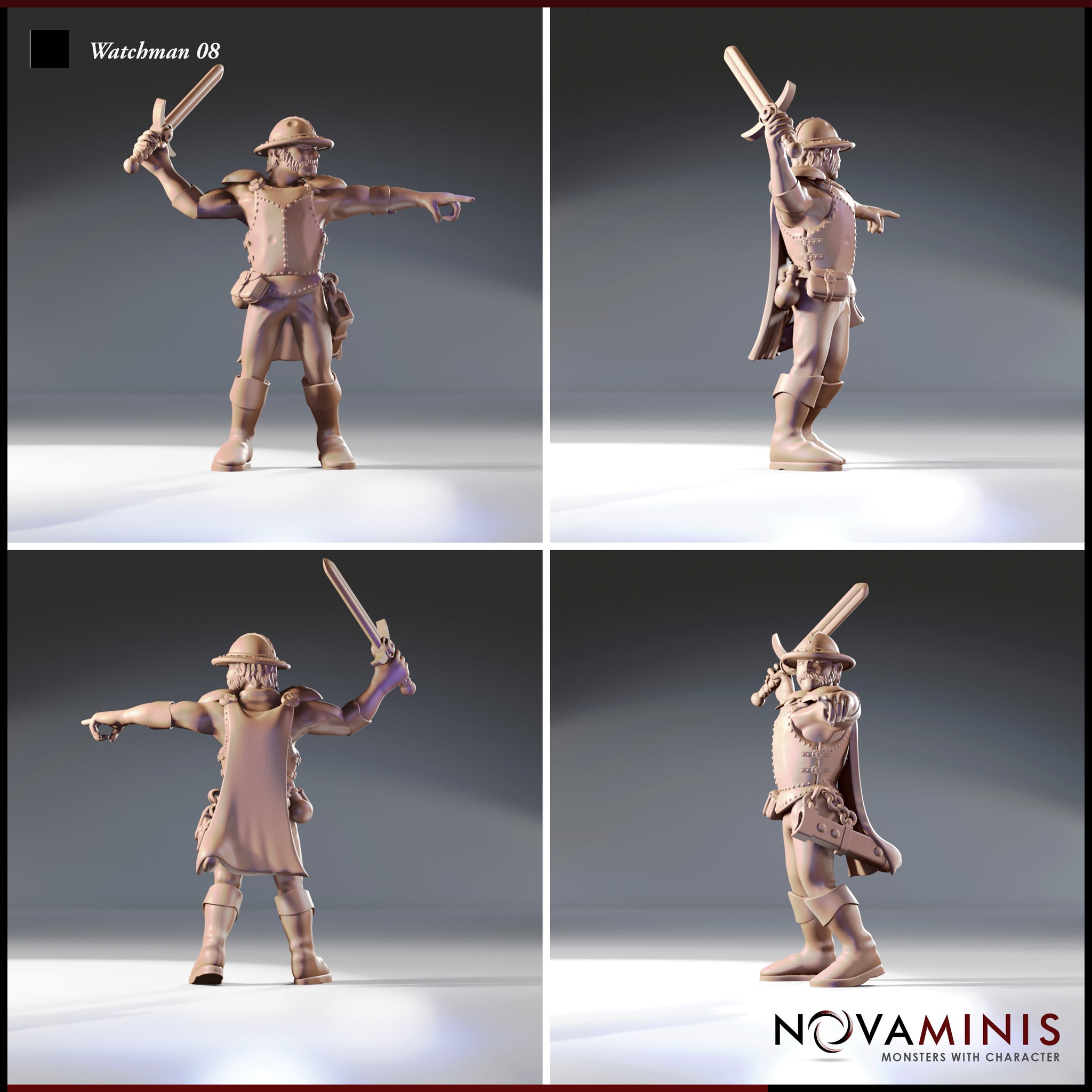 Four-angle turnaround render of Watchman 08 by Novaminis — bearded male city watchman in leather armour and kettle hat, shown front, side, rear, and three-quarter views, sword raised and arm pointing, padlock on belt, unpainted resin miniature at 32mm scale