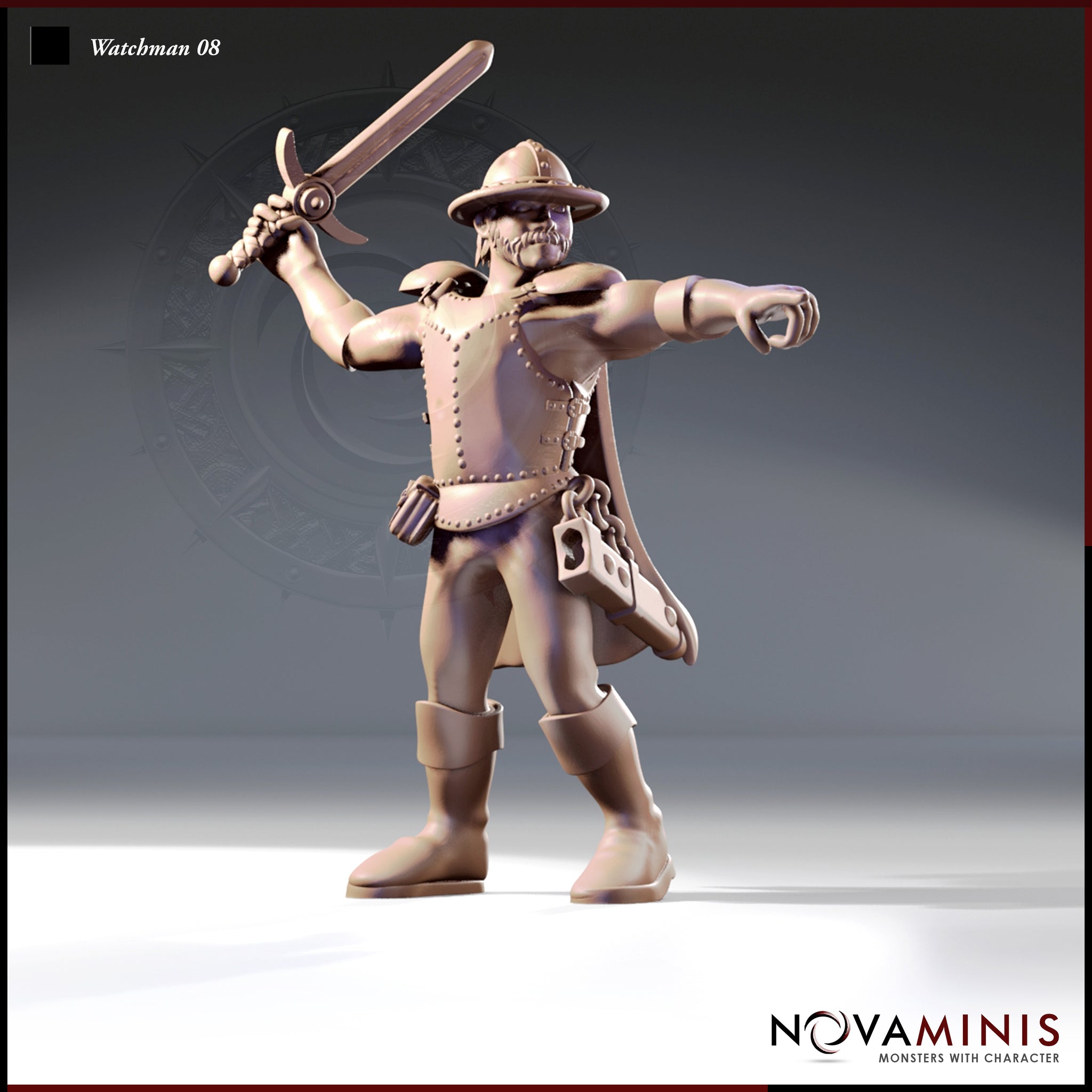 32mm resin miniature of a bearded city watchman in riveted leather armour and broad-brimmed kettle hat, sword raised overhead in an overhand grip, left arm extended pointing forward, padlock and chain at belt, tall boots — Watchman 08 by Novaminis, unpainted digital render