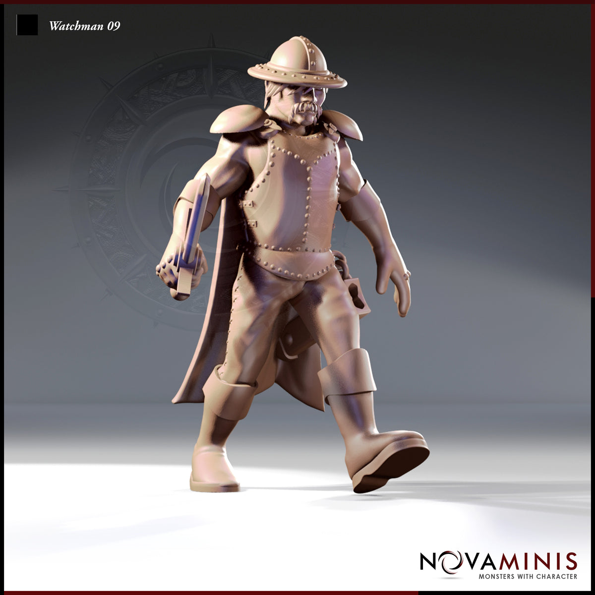 Front-facing digital render of Watchman 09 — a broad, bearded human guard in riveted studded leather armour and a wide-brimmed kettle helm, mid-stride with a short sword held low in his right hand and his left hand open at his side. A long cloak sweeps behind him. Sculpted by Novaminis.