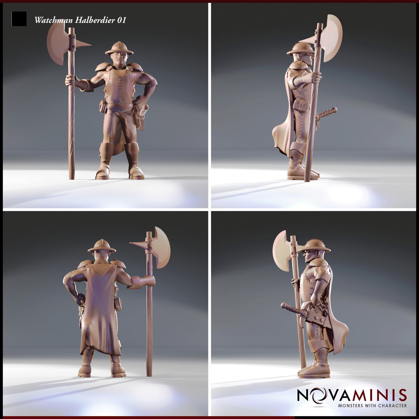 Four-angle render of Novaminis Watchman Halberdier 01 showing front, side, back, and three-quarter views — unpainted 32mm city watchman sculpt with riveted armour, pauldrons, short sword at belt, and halberd, highlighting fine detail across all sides