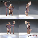 Four-angle render of Novaminis Watchman Halberdier 01 showing front, side, back, and three-quarter views — unpainted 32mm city watchman sculpt with riveted armour, pauldrons, short sword at belt, and halberd, highlighting fine detail across all sides