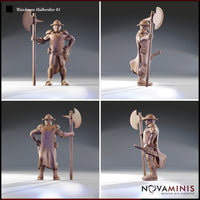Four-angle render of Novaminis Watchman Halberdier 01 showing front, side, back, and three-quarter views — unpainted 32mm city watchman sculpt with riveted armour, pauldrons, short sword at belt, and halberd, highlighting fine detail across all sides