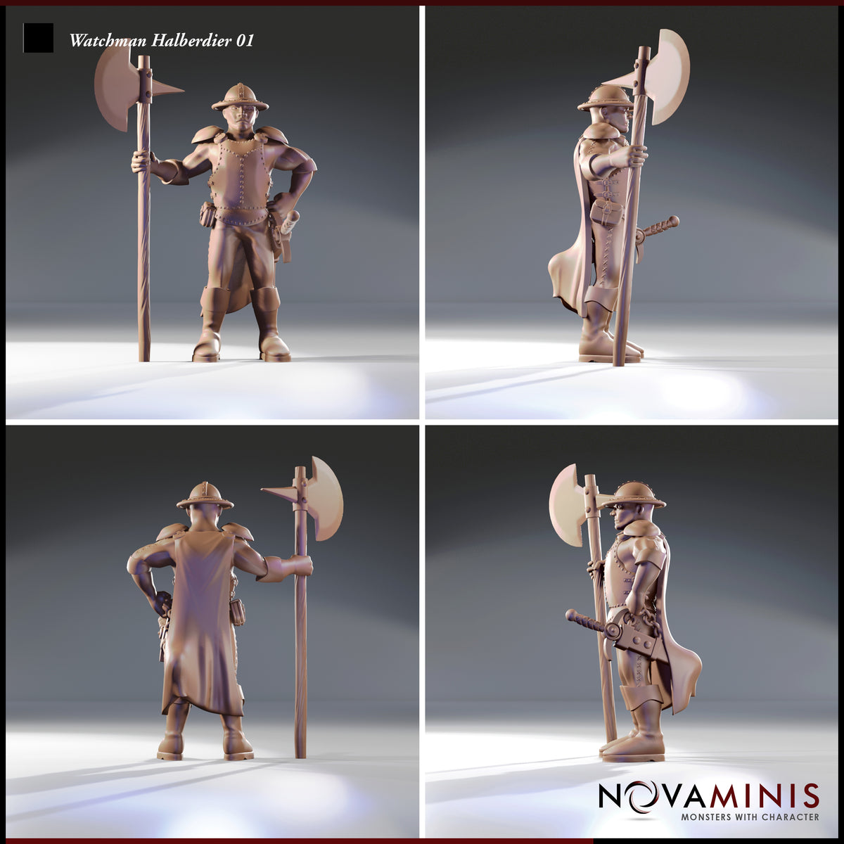Four-angle 3D render of the Watchman Halberdier 01 miniature by Novaminis showing front, back, and both side profiles — revealing the riveted breastplate, flowing tabard, broad-brimmed kettle hat, tall halberd with wide axe blade, and shortsword at the belt. Unpainted resin-coloured render highlighting the sculpt detail from all directions.