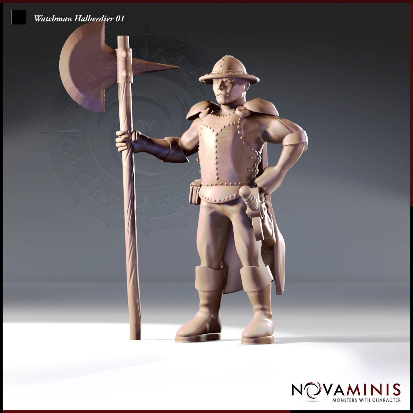 Novaminis Watchman Halberdier 01 — unpainted 32mm digital render showing a broad-shouldered human guard in studded leather breastplate, wide-brimmed kettle hat, and knee-high boots, standing with one hand on hip and a long halberd planted beside him