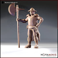 Novaminis Watchman Halberdier 01 — unpainted 32mm digital render showing a broad-shouldered human guard in studded leather breastplate, wide-brimmed kettle hat, and knee-high boots, standing with one hand on hip and a long halberd planted beside him