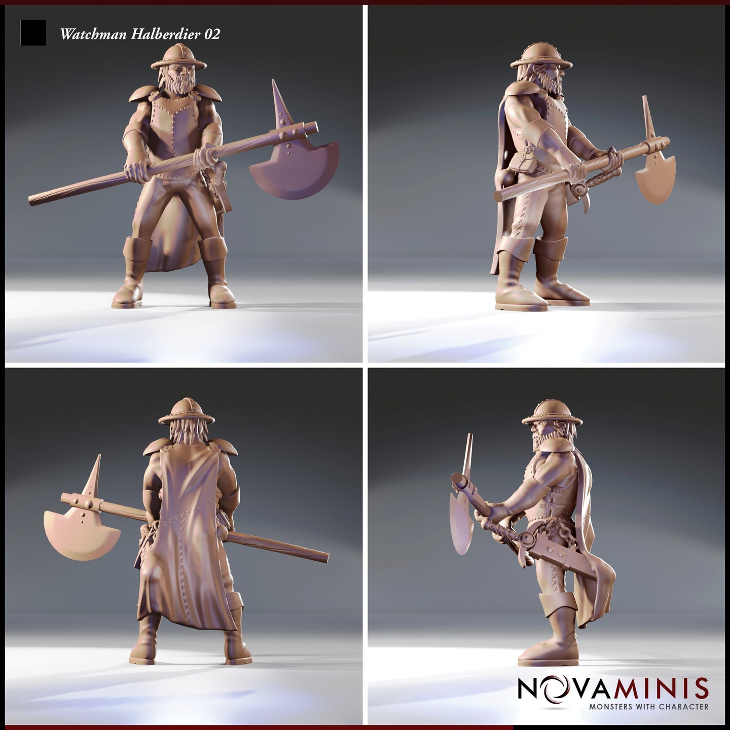 Four-angle 3D render sheet of Watchman Halberdier 02 by Novaminis showing front, rear, left, and right views of the unpainted miniature. The front view shows the wide-stance guard pose with halberd across the body; the rear view reveals a long stitched coat with hanging satchel; side views highlight the full length and detail of the halberd weapon sculpt including the crescent blade and spike. 32mm scale tabletop miniature.
