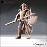 Novaminis Watchman Halberdier 02 — unpainted 32mm digital render of a bearded veteran city guard in matching studded armour and kettle hat, holding his halberd levelled diagonally across his body in an alert, experienced stance