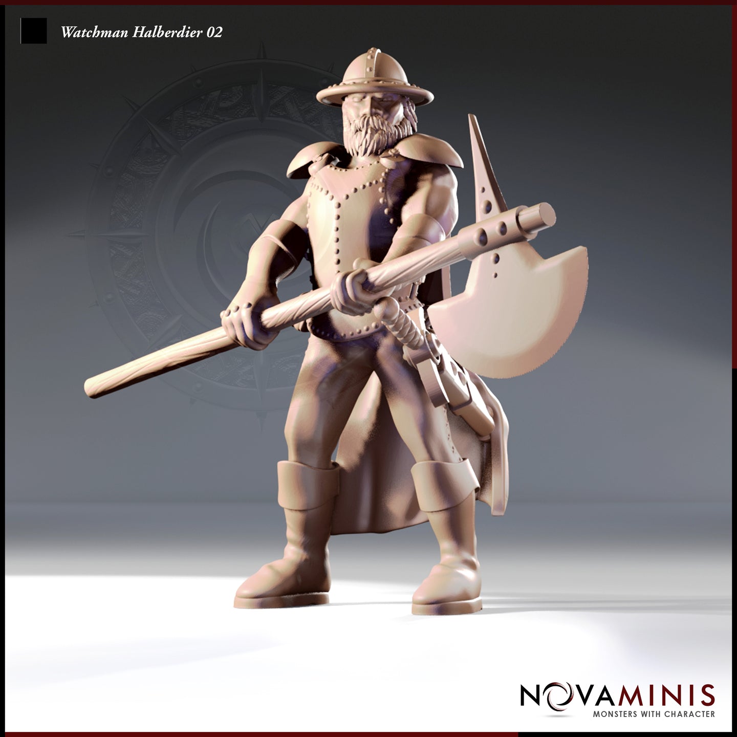 Front-facing 3D render of Watchman Halberdier 02 by Novaminis — an unpainted resin miniature of a broad, bearded male human guard in a kettle helm, studded leather coat with pauldrons, and long skirt, holding a large halberd shouldered diagonally across his body with both hands. The halberd features a wide crescent axe blade, rear spike, and decorated cross-guard. 32mm scale tabletop miniature.