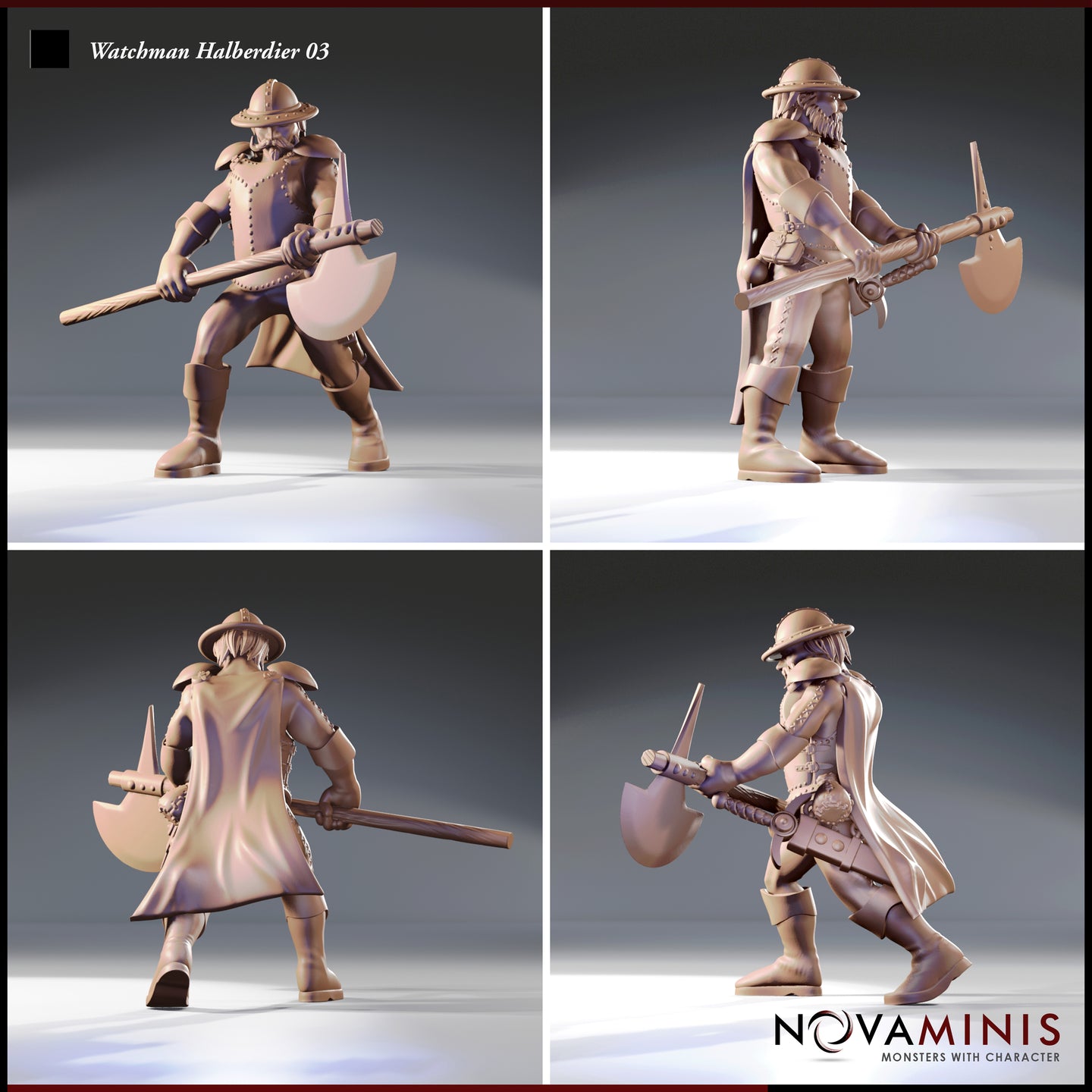 Four-angle turnaround digital render of the Watchman Halberdier 03 miniature by Novaminis showing front, rear, and two side profiles — displaying the detailed riveted coat, long flowing cloak, studded armour, halberd with axe blade and rear spike, belt pouches, and laced boots, unpainted resin render at 32mm scale