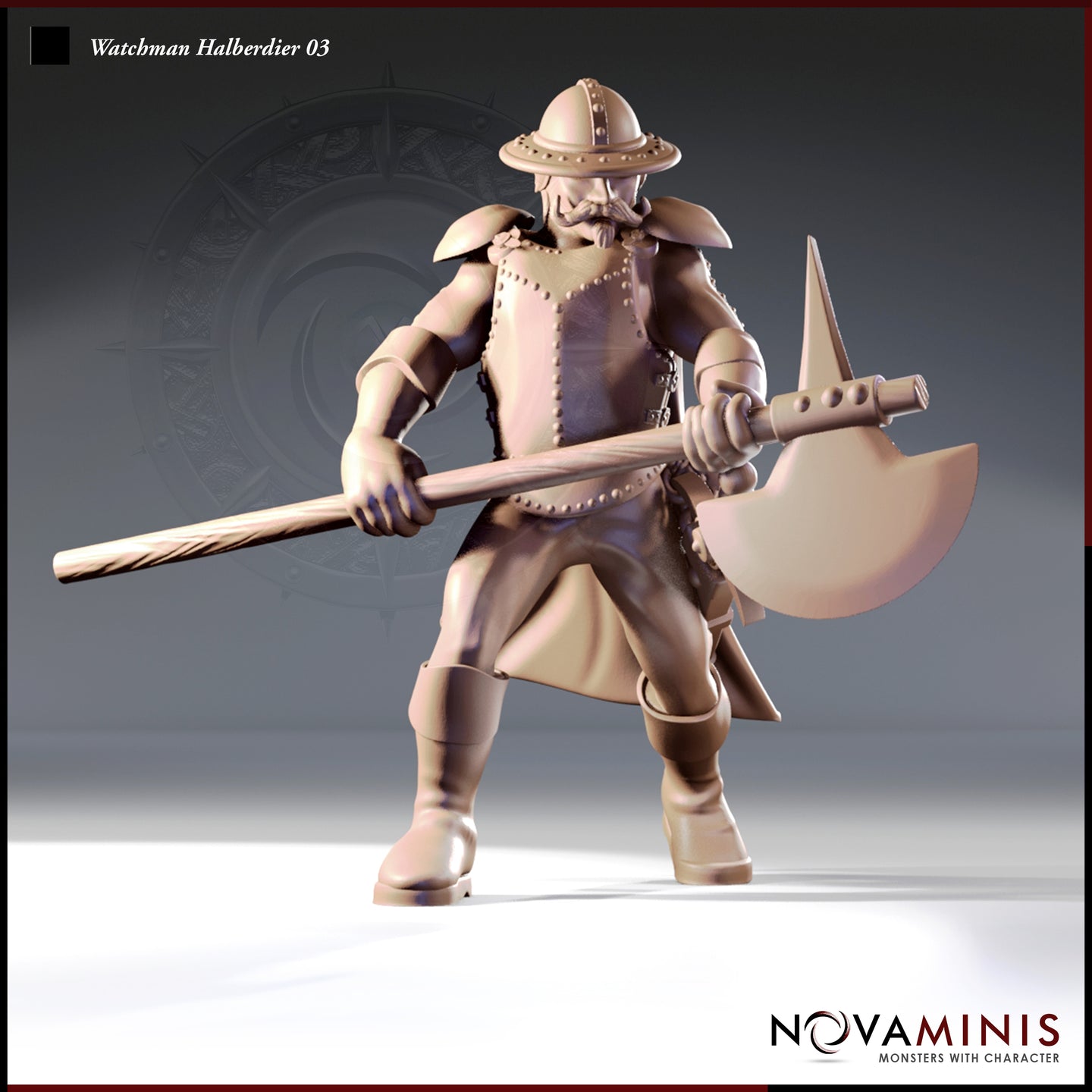 Front view digital render of the Watchman Halberdier 03 miniature by Novaminis — a moustachioed male human guard in a broad-brimmed nasal helmet and riveted leather armour, gripping a long halberd at the lower haft in a wide aggressive stance, coat flared, unpainted resin grey-tan render at 32mm scale