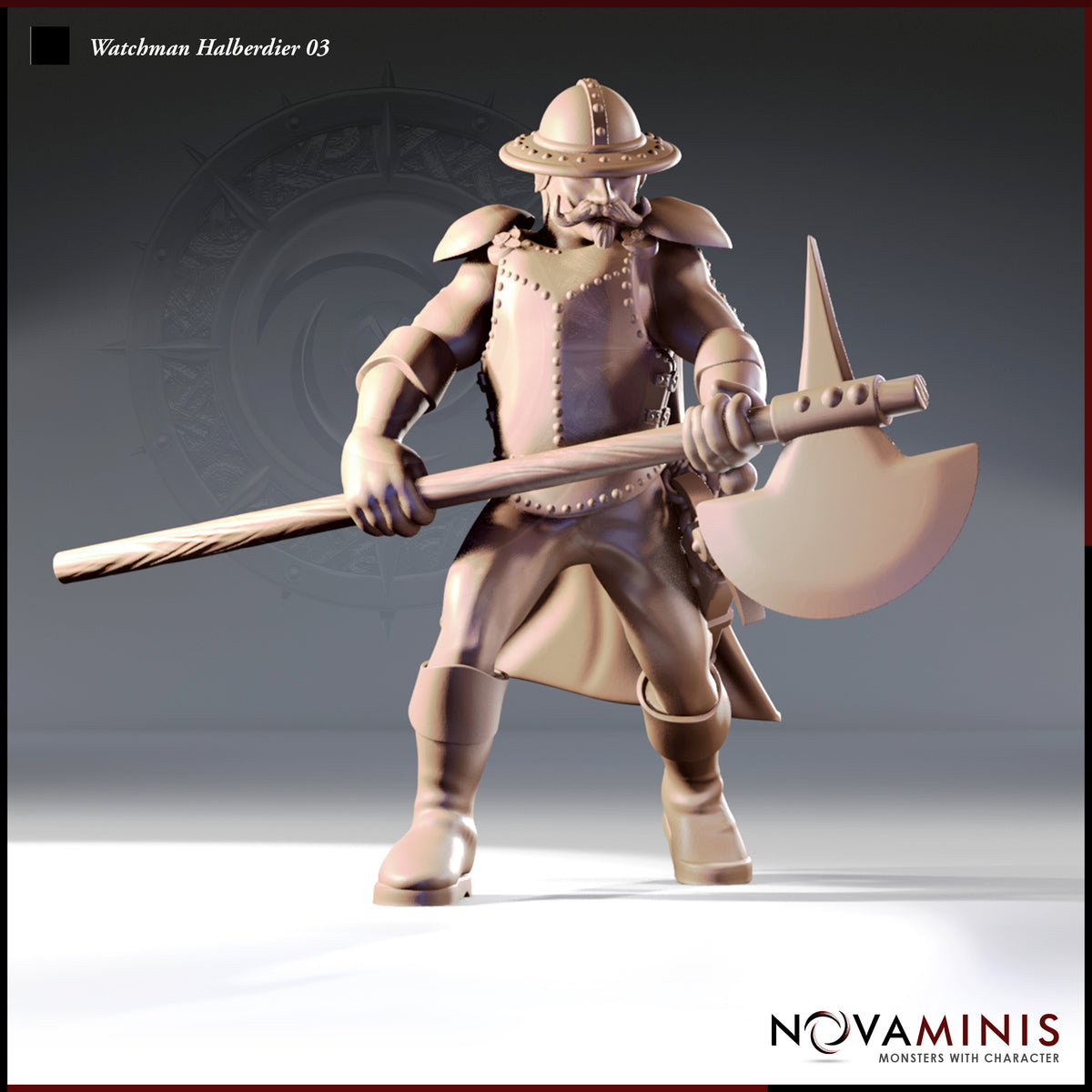 Front view digital render of the Watchman Halberdier 03 miniature by Novaminis — a moustachioed male human guard in a broad-brimmed nasal helmet and riveted leather armour, gripping a long halberd at the lower haft in a wide aggressive stance, coat flared, unpainted resin grey-tan render at 32mm scale