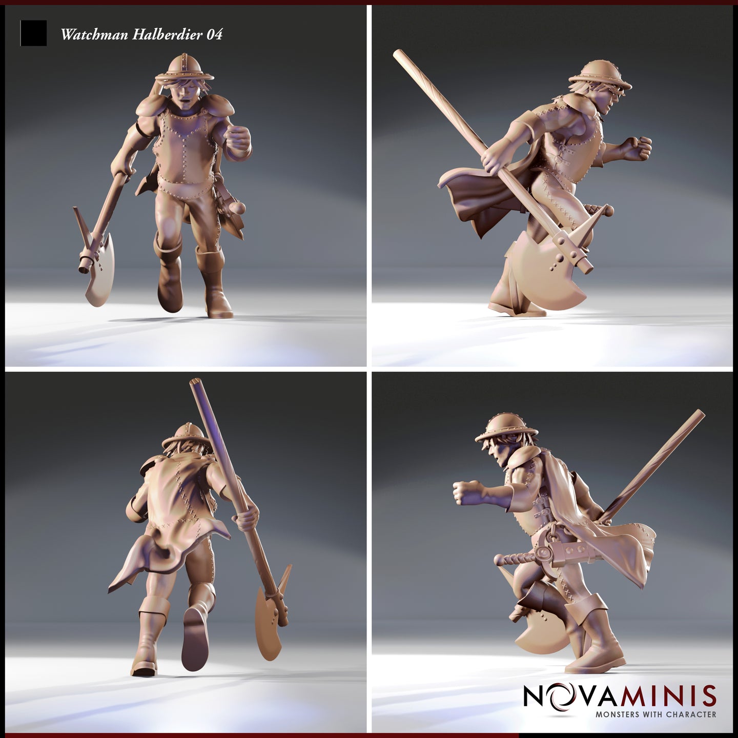 Four-angle digital render turnaround of Watchman Halberdier 04 by Novaminis — front, side, rear, and three-quarter views of a sprinting male human halberdier in studded leather armour with a short sword at his hip and a billowing cloak. Unpainted 32mm scale miniature render.