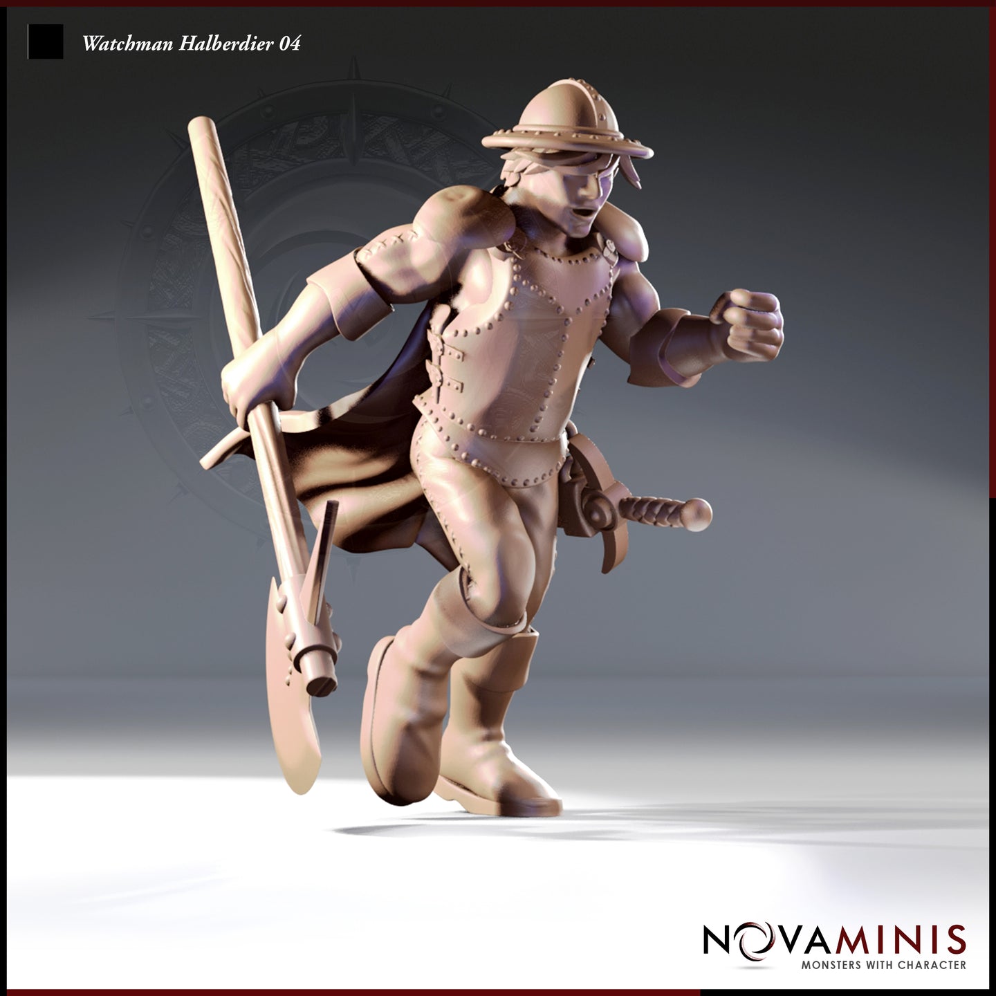 Digital render of Watchman Halberdier 04 by Novaminis — a male human city guardsman in riveted studded leather armour and a kettle helm, mid-sprint with a halberd angled low in both hands and his right fist raised, cloak trailing behind him. Unpainted 32mm scale miniature render.