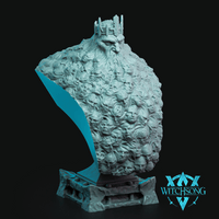 Large display bust of a gaunt bearded crowned king, his entire torso surface covered in dozens of distinct anguished faces pressed into the flesh. Crumbling iron crown. Sculpt by Witchsong Miniatures.