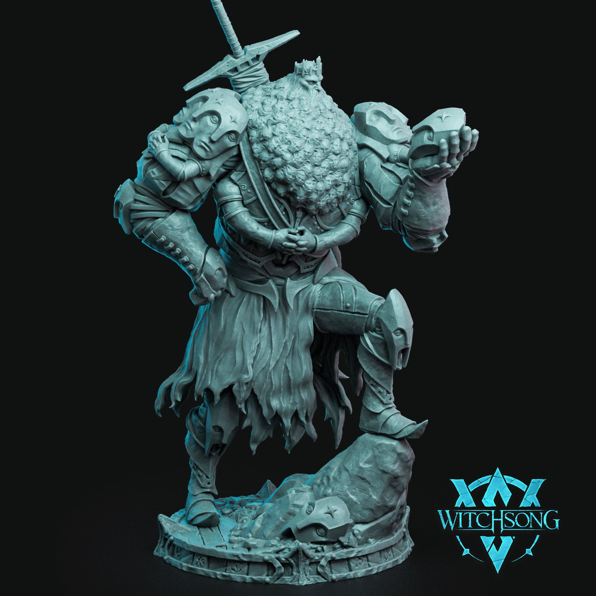 An armoured giant king mid-stride, raising a stone in one hand with a great sword across his back. Unsettling faces press through his torso and shoulders. Sculpt by Witchsong Miniatures.