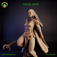 Digital render of Factol Rhys, an elf faction leader miniature by The Toadstool Weaver — unpainted, showing a confident bare-armed elf woman mid-stride, wearing a billowing open coat and utility belt, carrying a hooked staff in one hand and a large bound tome slung over her opposite shoulder, with braided hair and pointed ears, at 32mm scale