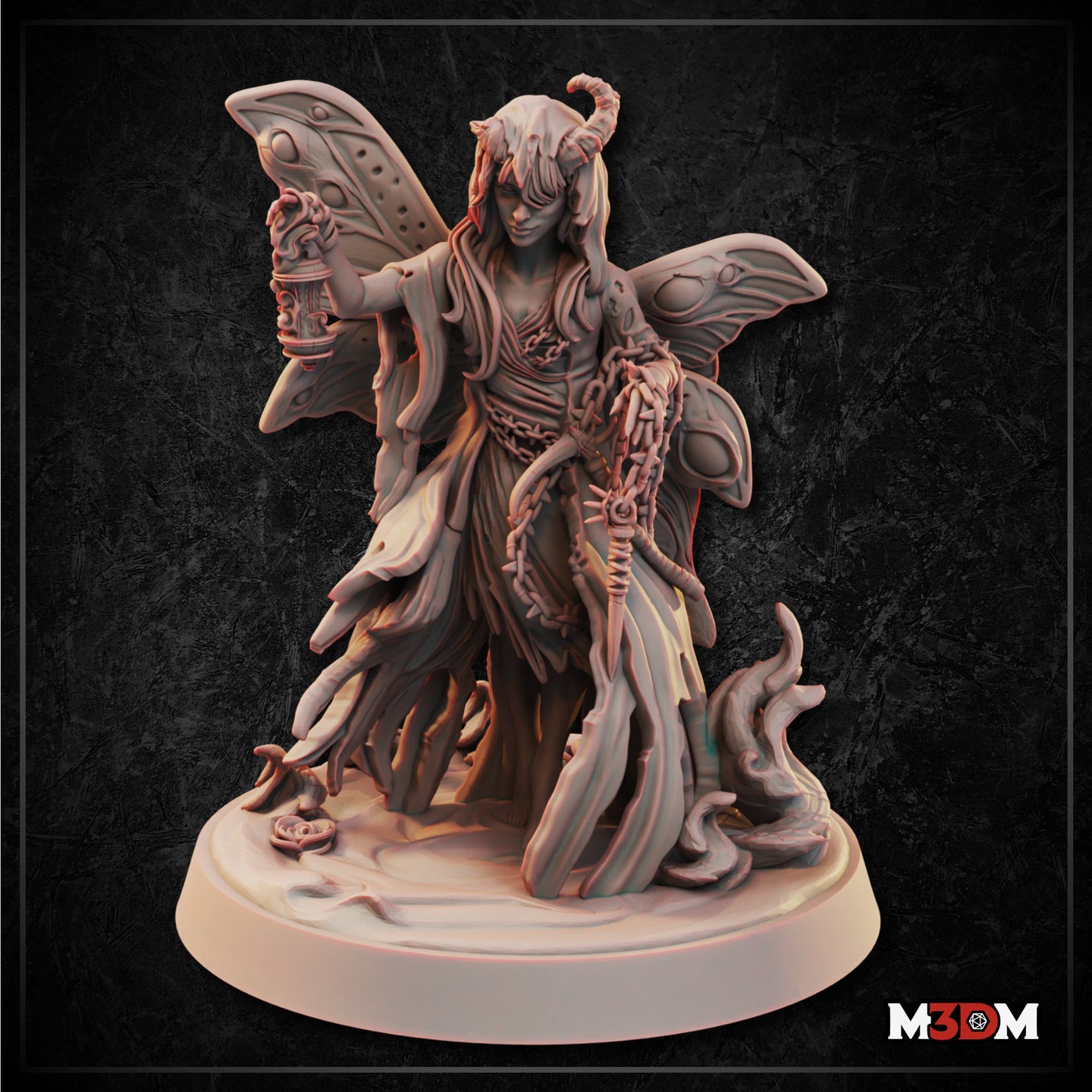 Digital render of the Fairy Warlock miniature by Mia Kay M3DM — a horned fairy figure with moth-like wings etched with eye markings, wearing tattered layered robes, raising an ornate lantern in one hand and trailing a heavy chain in the other, with flame and root tendrils rising from the scenic base