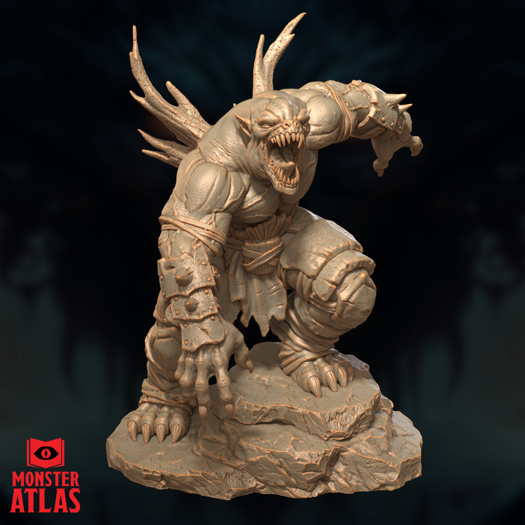 Farastu Demodand 32mm resin miniature by Monster Atlas — front-left view highlighting the banded knee armour, cord-wrapped left arm, warty muscular torso, and the sweeping claw of the outstretched right arm. Antler horn crown prominent from this angle. Unpainted sandy-beige render.