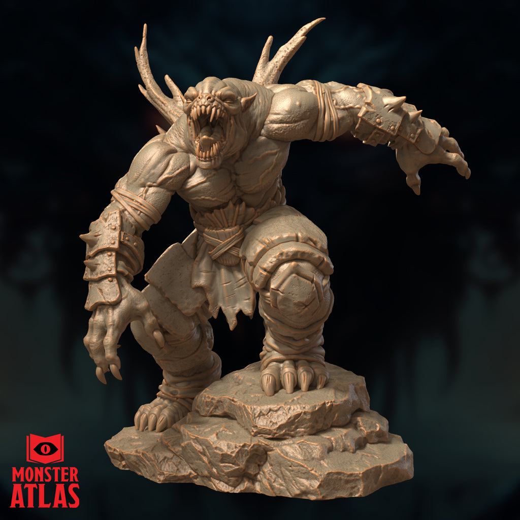 Farastu Demodand 32mm resin miniature by Monster Atlas — straight-on front view showing the full symmetry of the sculpt: wide stance on rocky base, both arms spread, mouth agape, horns fanning outward, and iron-riveted armour plates across forearms and knees. Unpainted sandy-beige render.