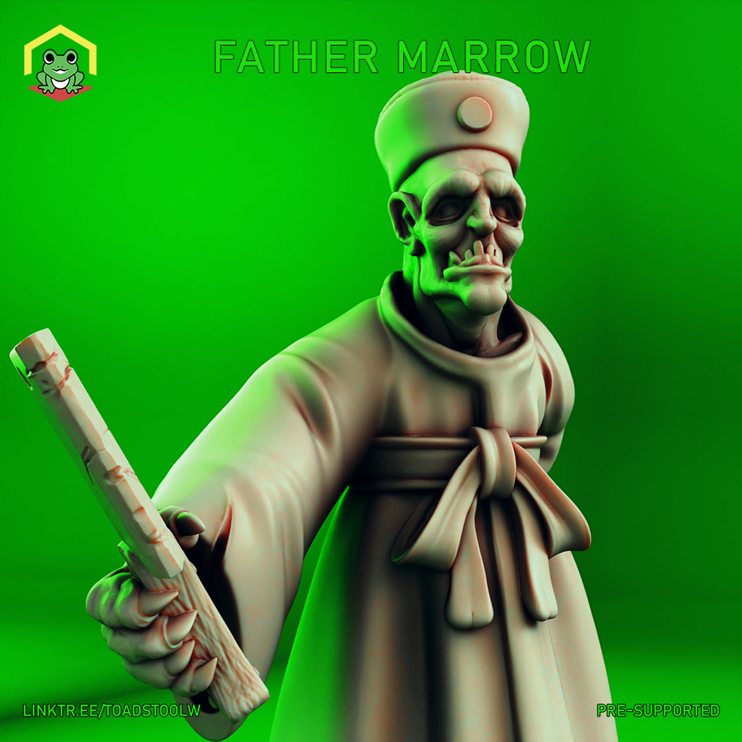 Digital render of Father Marrow, an undead skeletal priest miniature by The Toadstool Weaver. He wears heavy monastic robes tied at the waist and a tall ceremonial hat, with a gaunt skull-like face bearing a rictus grin. He holds a gnarled bone staff in his left hand. The figure is shown unpainted in a pale resin colour against a vivid green background. 32mm scale.