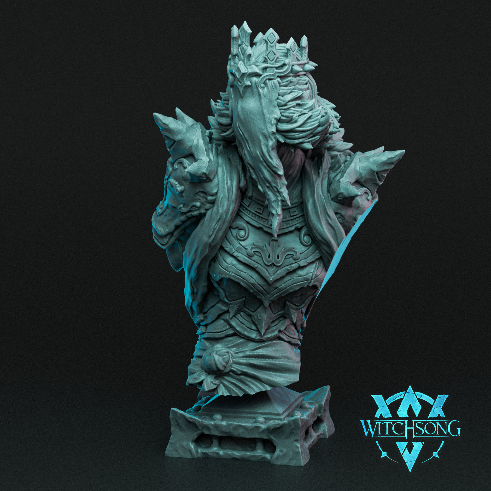 Digital render of The Faceless Queen bust by Witchsong Miniatures — an unpainted teal resin display bust showing a crowned, faceless female figure with a jagged crystal crown, wild flowing hair, ornate filigree breastplate, snarling skull pauldrons, and a raised shard or broken blade in one hand, mounted on a rough stone plinth base
