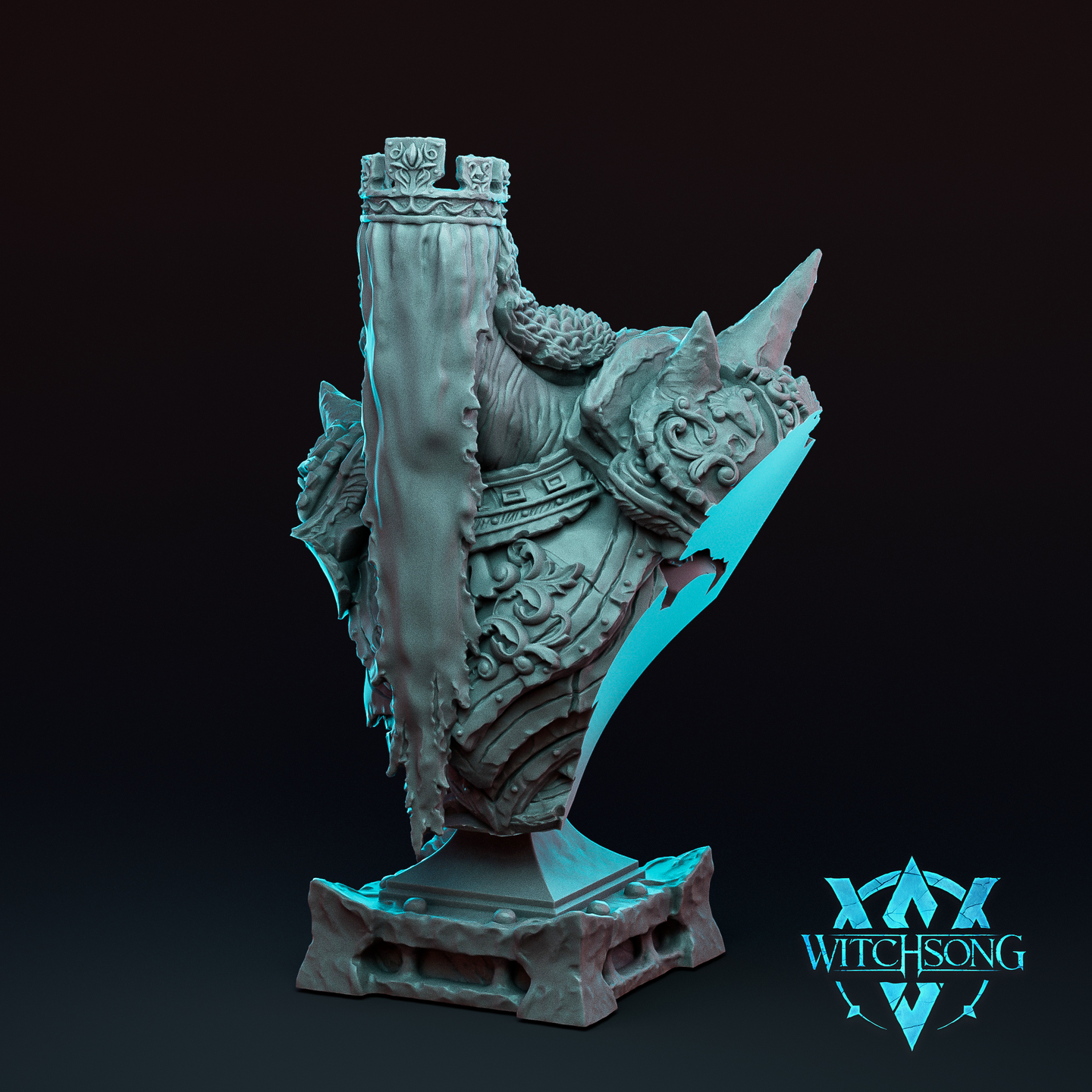 Unpainted teal resin bust of the Faceless King — a broad-shouldered armoured monarch with ornate scrollwork plate, a torn cloth banner rising behind him bearing battlements at its crown, and a jagged fractured shard sweeping across the right side of the composition. The figure has no facial features. Mounted on a sculpted stone plinth base. Witchsong Miniatures logo visible in the lower right corner.