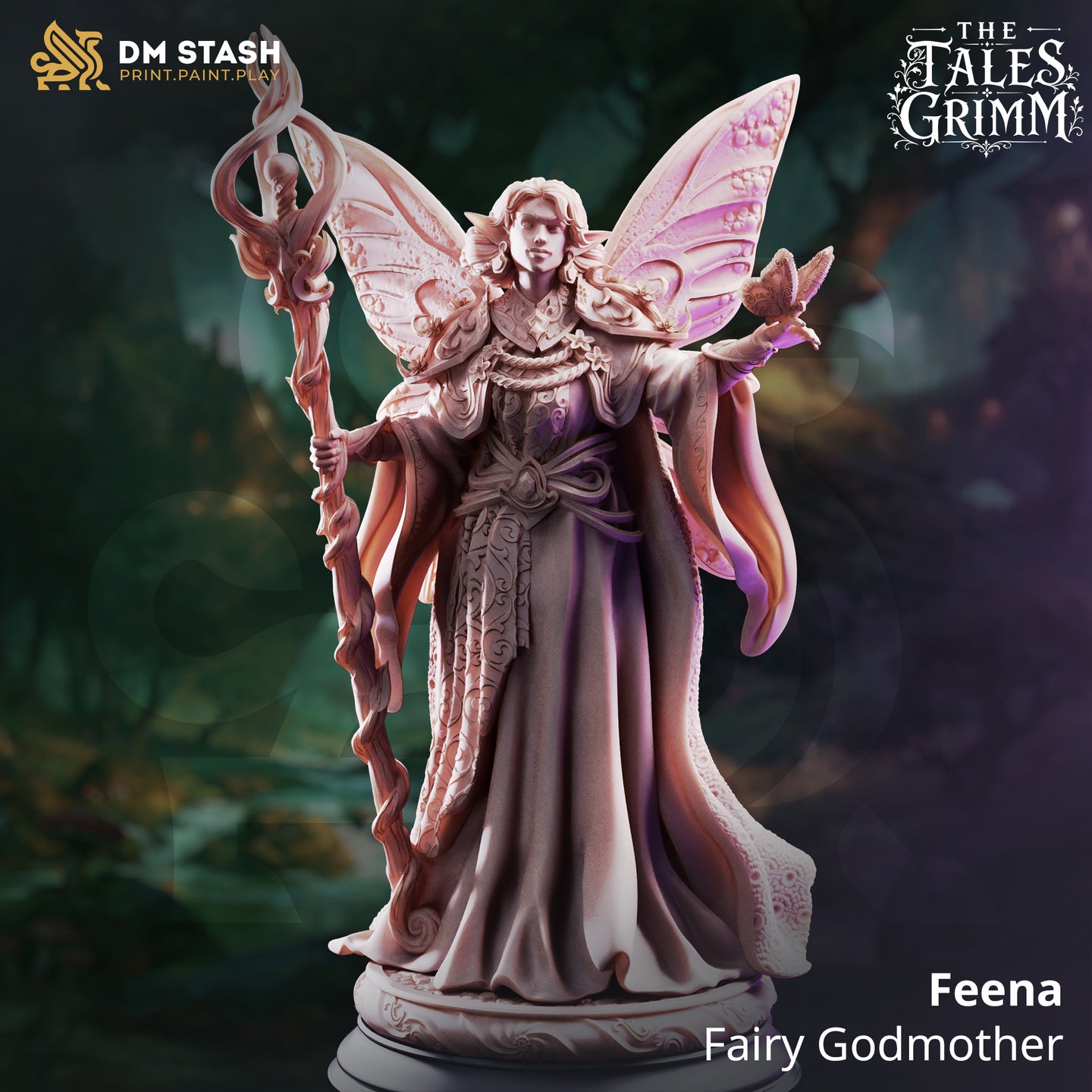 Feena Fairy Godmother by DM Stash — rear view revealing intricate veining across all four butterfly wings and detailed circular floral pattern across the back of the trailing gown, with the thorned staff rising alongside.