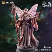 Feena Fairy Godmother by DM Stash — rear view revealing intricate veining across all four butterfly wings and detailed circular floral pattern across the back of the trailing gown, with the thorned staff rising alongside.