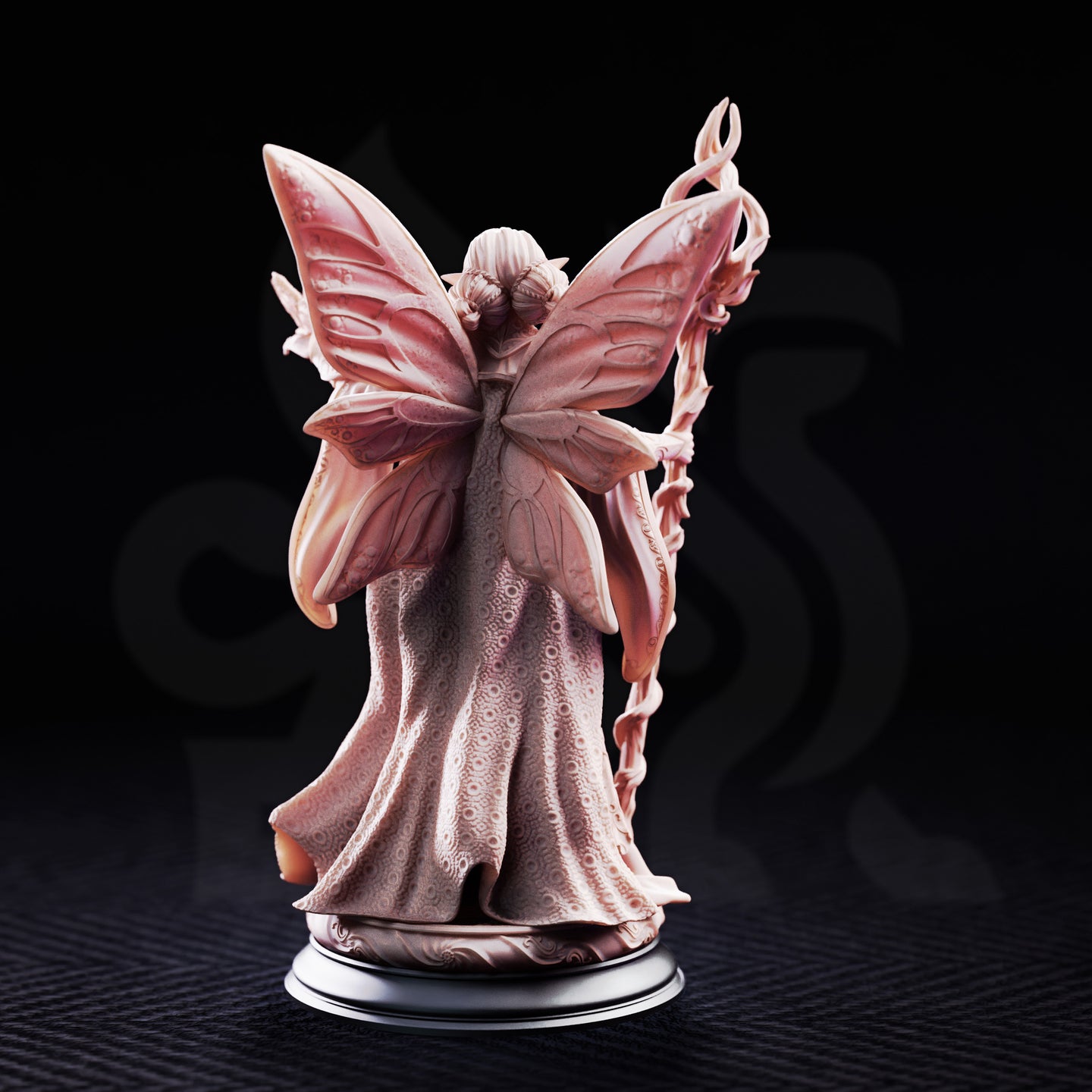 Feena Fairy Godmother by DM Stash — winged fey figure in layered robes holding a gnarled twisted staff aloft, a small bird perched on her outstretched hand, four large butterfly wings spread wide behind her.