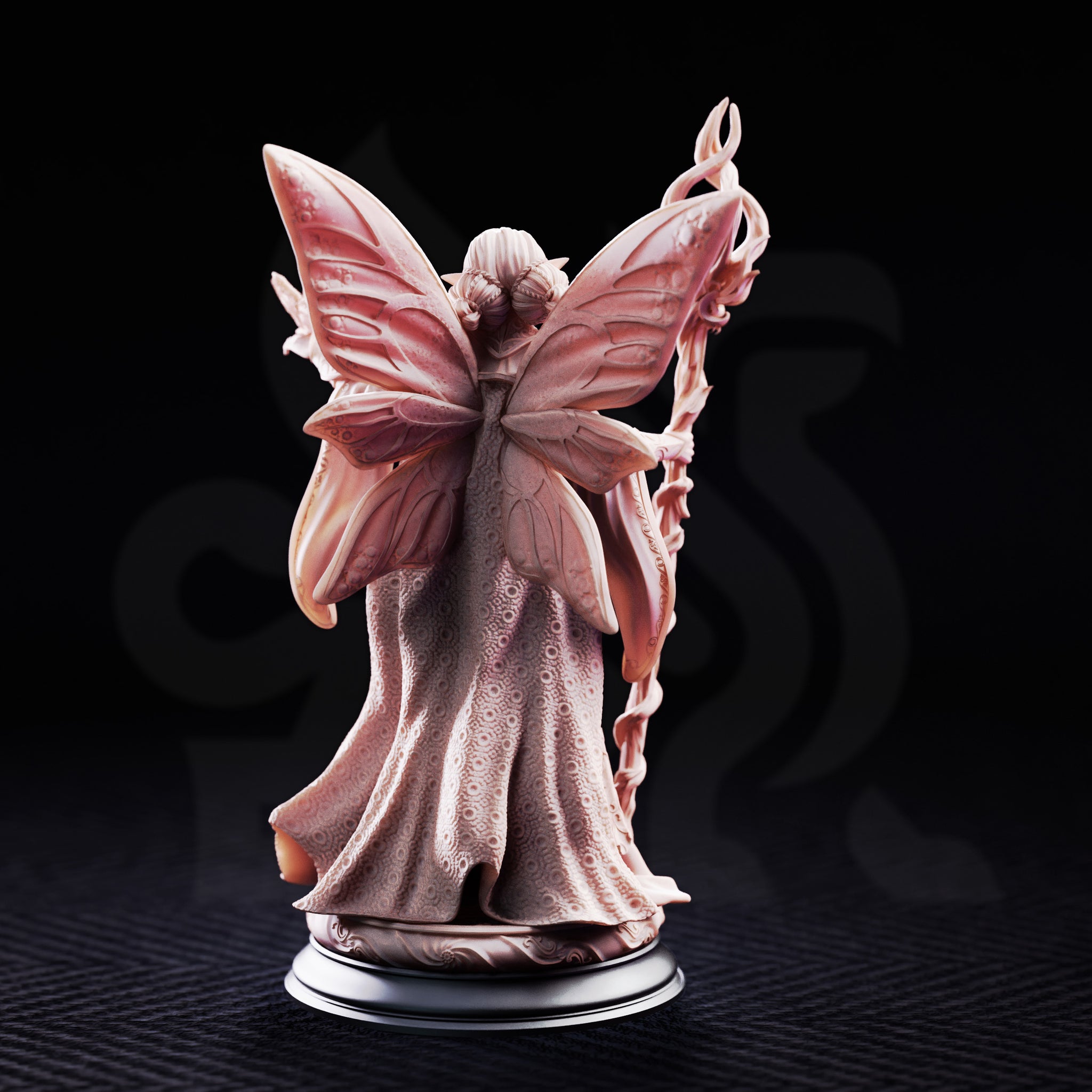 Feena Fairy Godmother by DM Stash — winged fey figure in layered robes holding a gnarled twisted staff aloft, a small bird perched on her outstretched hand, four large butterfly wings spread wide behind her.