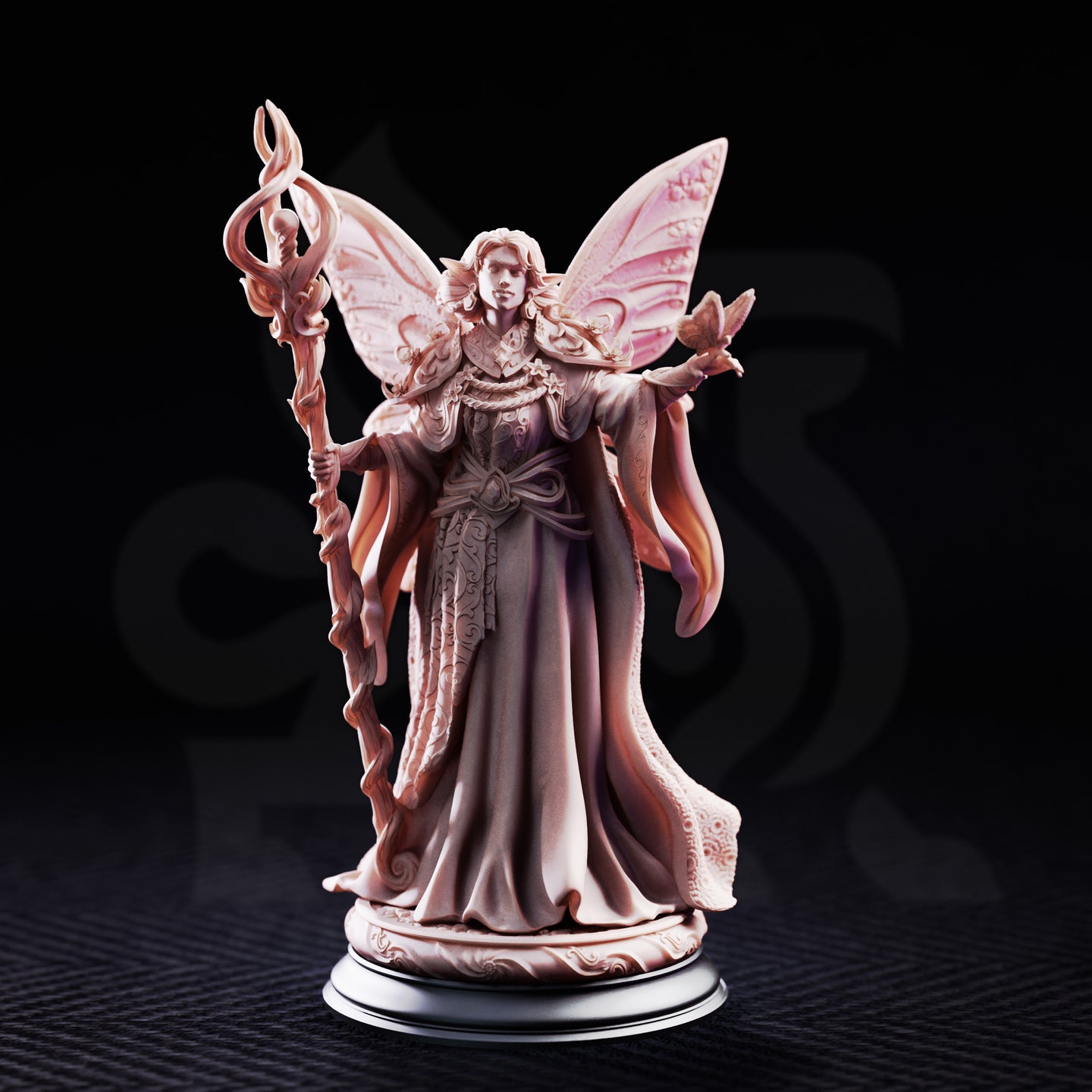 Feena Fairy Godmother by DM Stash — front view of the full sculpt showing fine embroidered detailing on the gown hem, ornate bodice, flowing sleeves, and the companion bird on her right hand, wings fully extended.