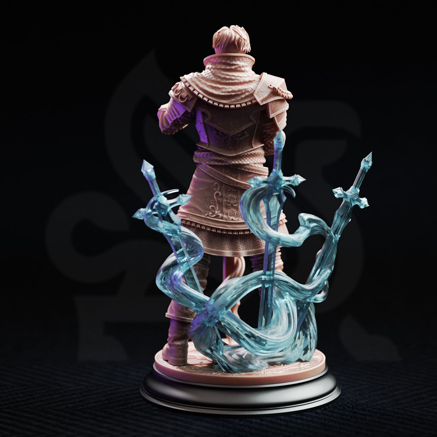 Felix Droste Graduate Battlemage 32mm resin miniature — rear view digital render showing detailed back armour, layered robes with embossed scrollwork, and the full arc of three translucent force blade conjurations wreathing the base in swirling magical energy
